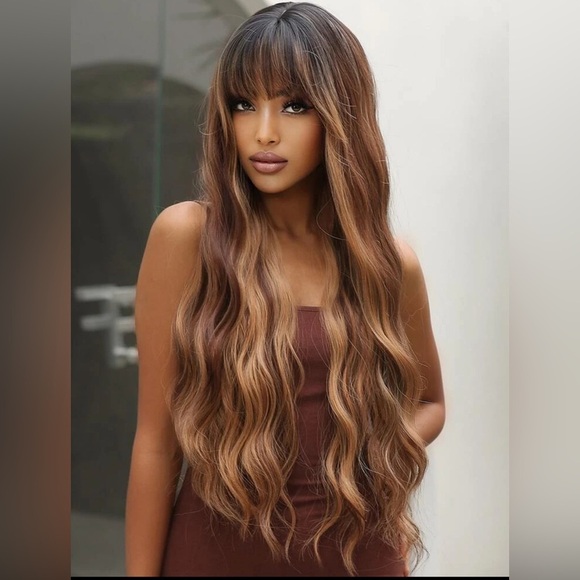 30 Inch Ombre Brown with Highlights long Wig  with bangs - Picture 1 of 16